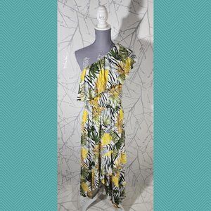 Abel The Label Tropical Leaf Printed One Shoulder High Low Maxi Dress